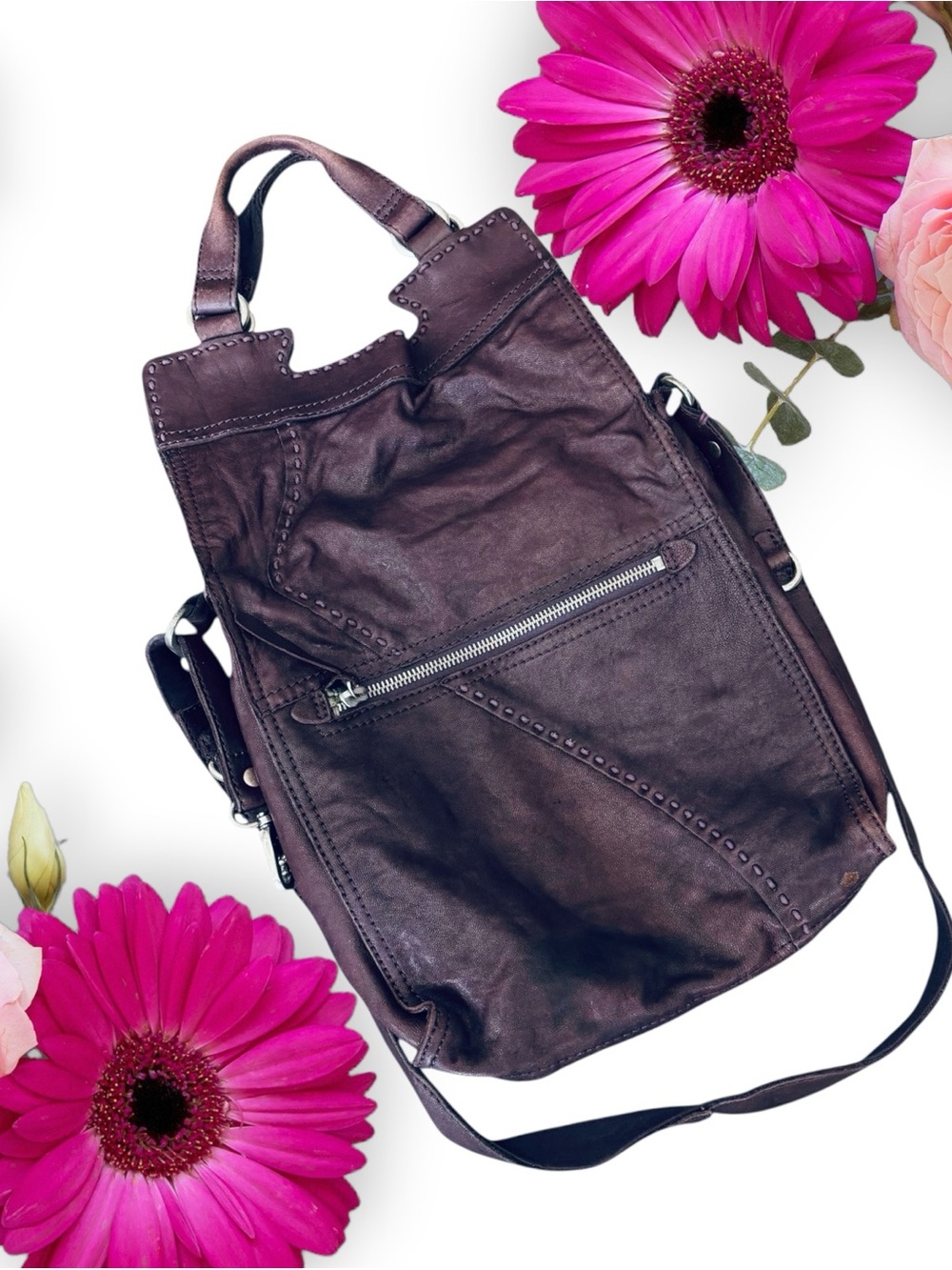 Lucky Brand Dark Brown Leather Shoulder Bag with Stud Detailing